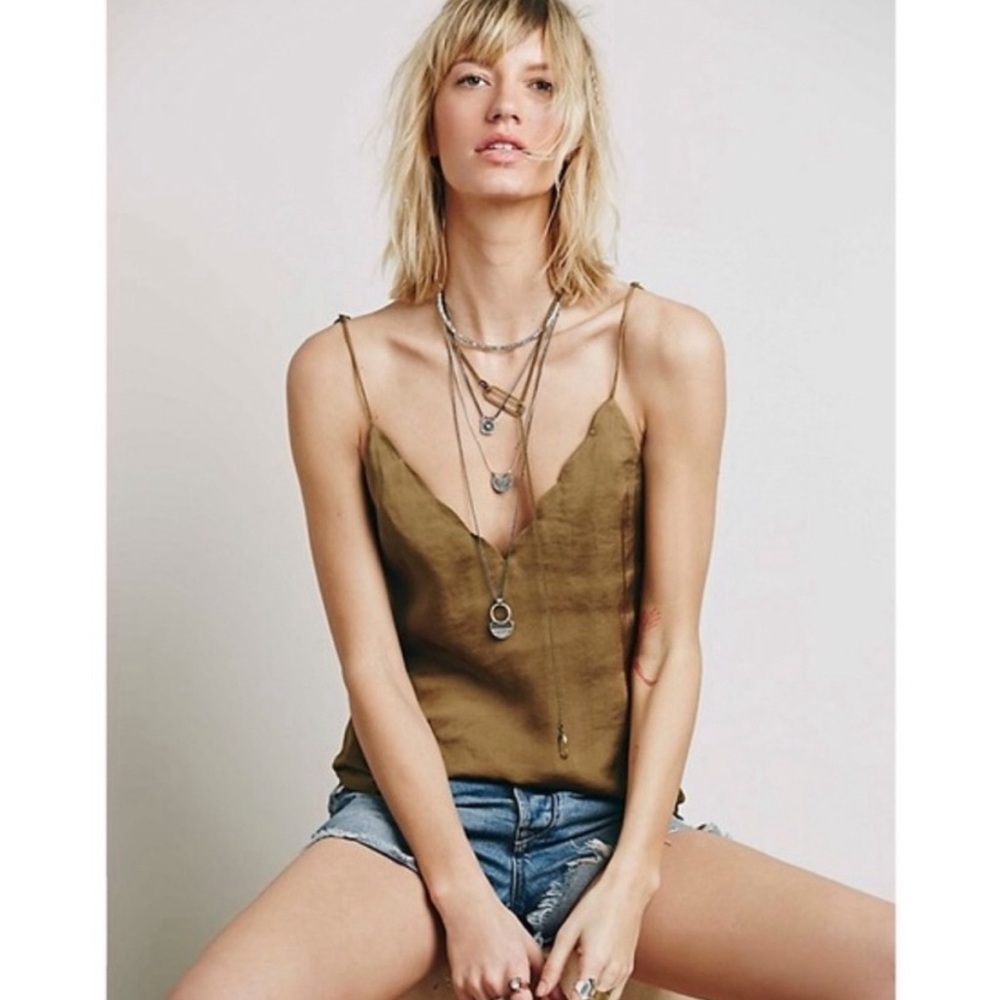 Free People Satin Scallop Strappy Back Tank Top